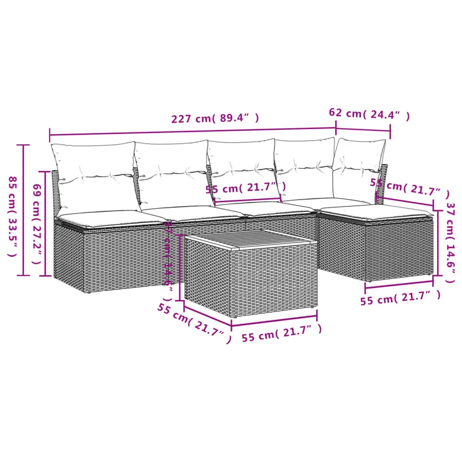 Salon de jardin 6 pcs avec coussins gris résine tressée - 3