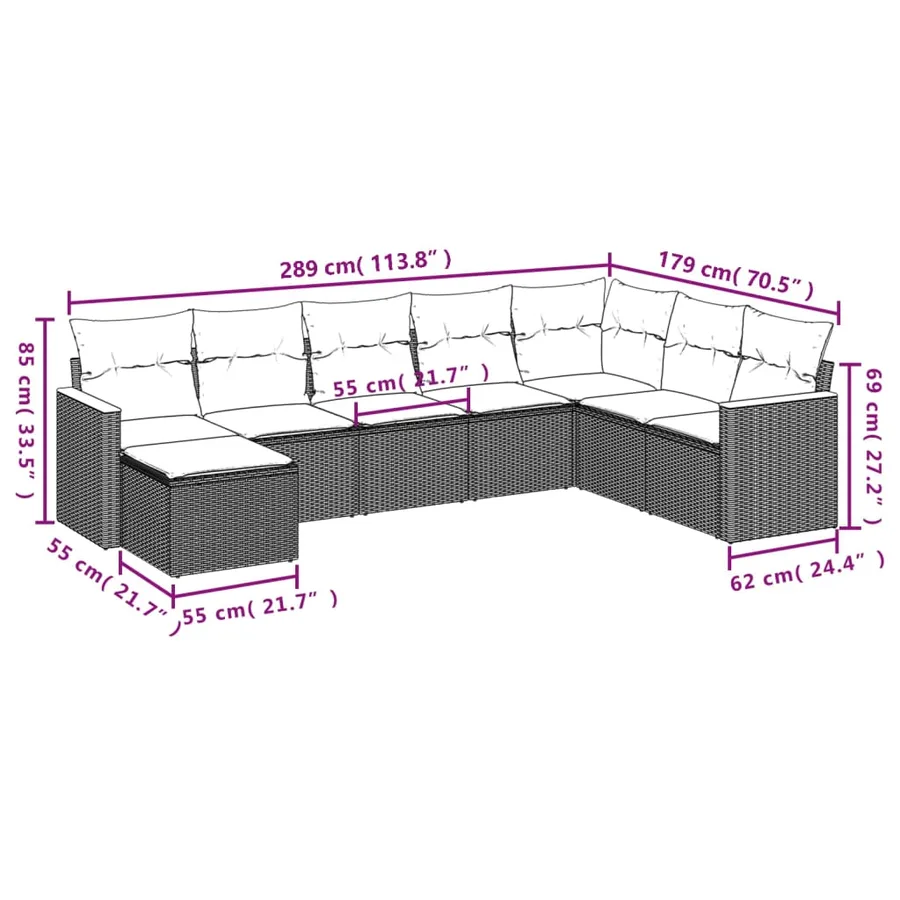 Salon de jardin 8 pcs avec coussins gris résine tressée - 8