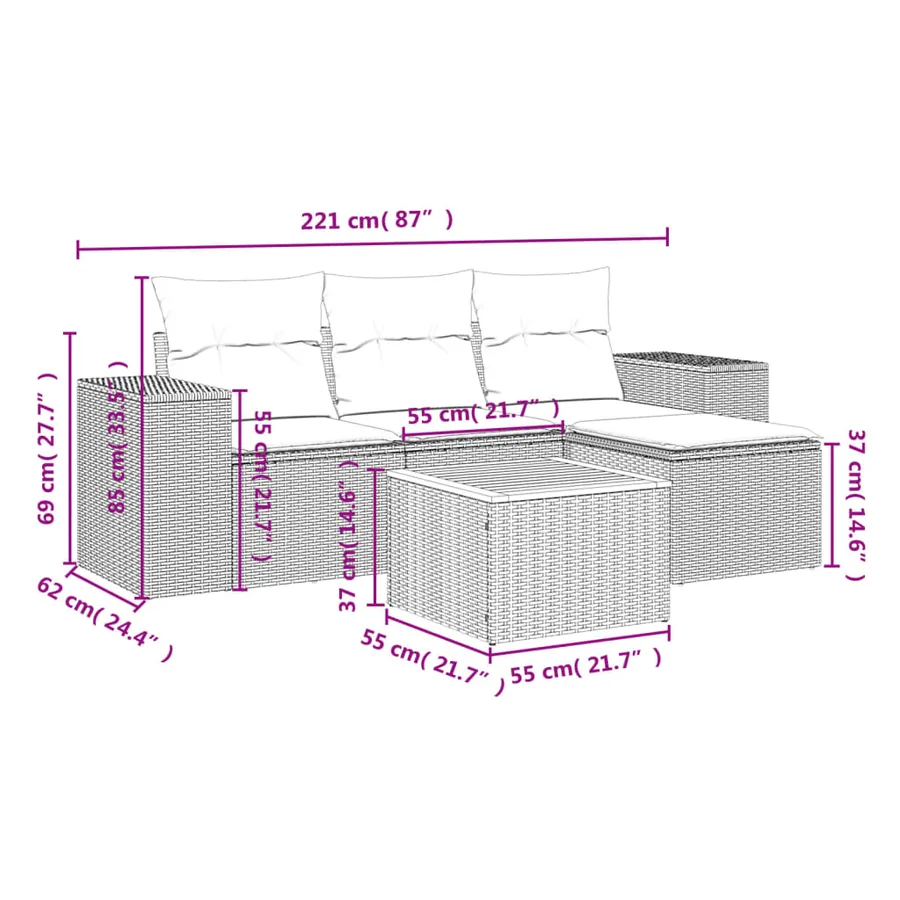 Salon de jardin 5 pcs avec coussins gris résine tressée - 3