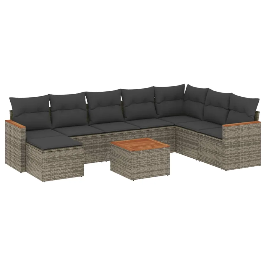 Salon de jardin 9 pcs avec coussins gris résine tressée - 2