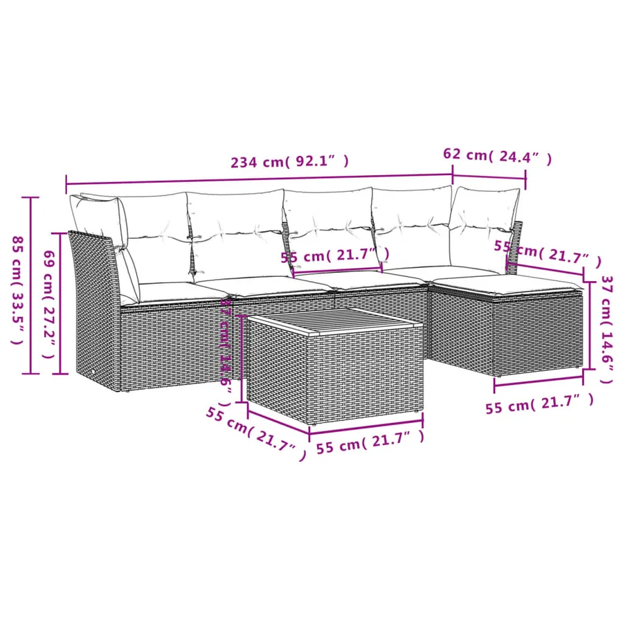 Salon de jardin 6 pcs avec coussins gris résine tressée - 3