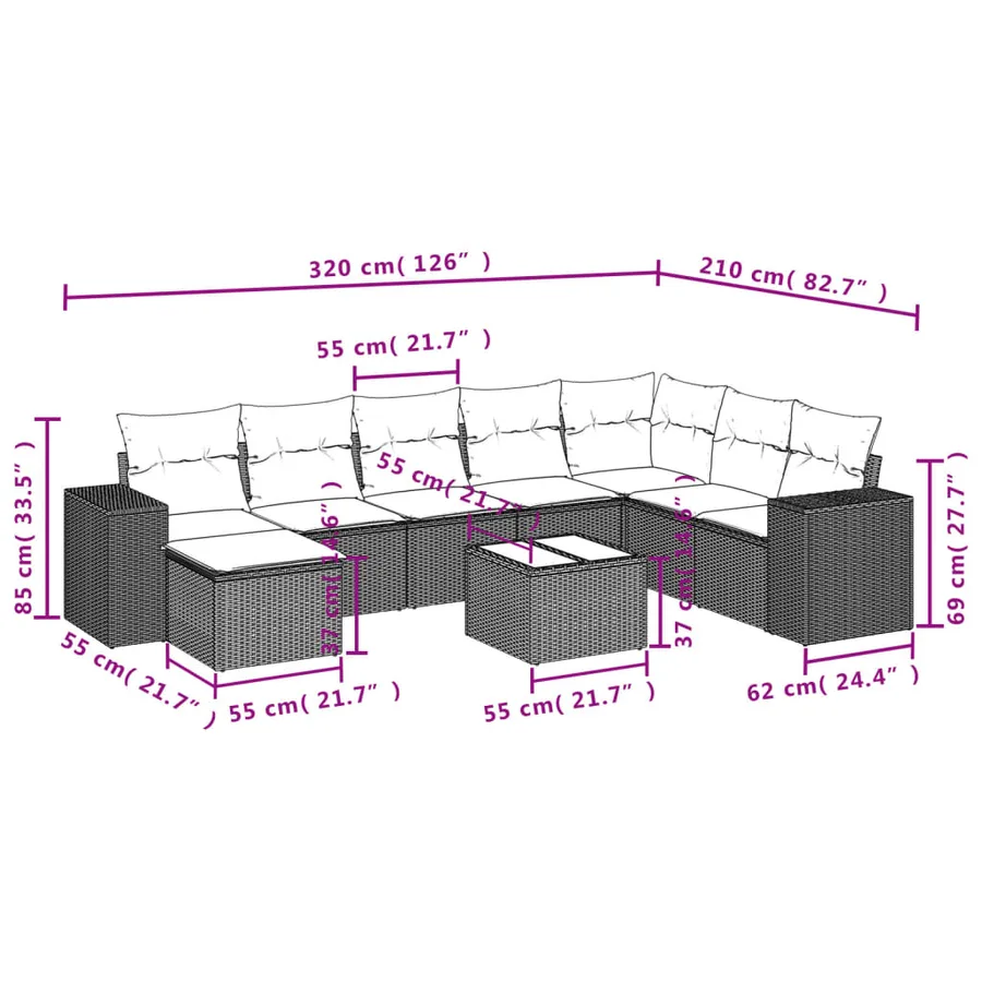 Salon de jardin 9 pcs avec coussins gris résine tressée - 9