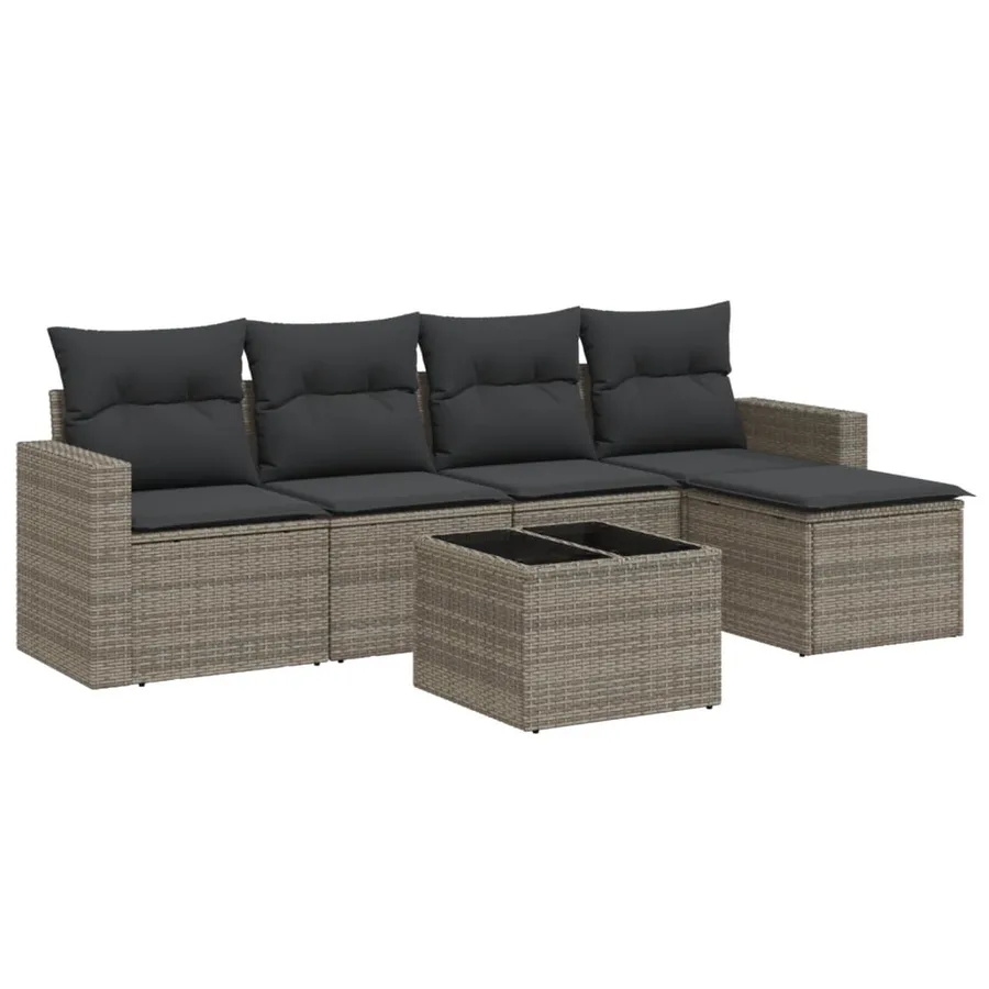 Salon de jardin 6 pcs avec coussins gris résine tressée - 2