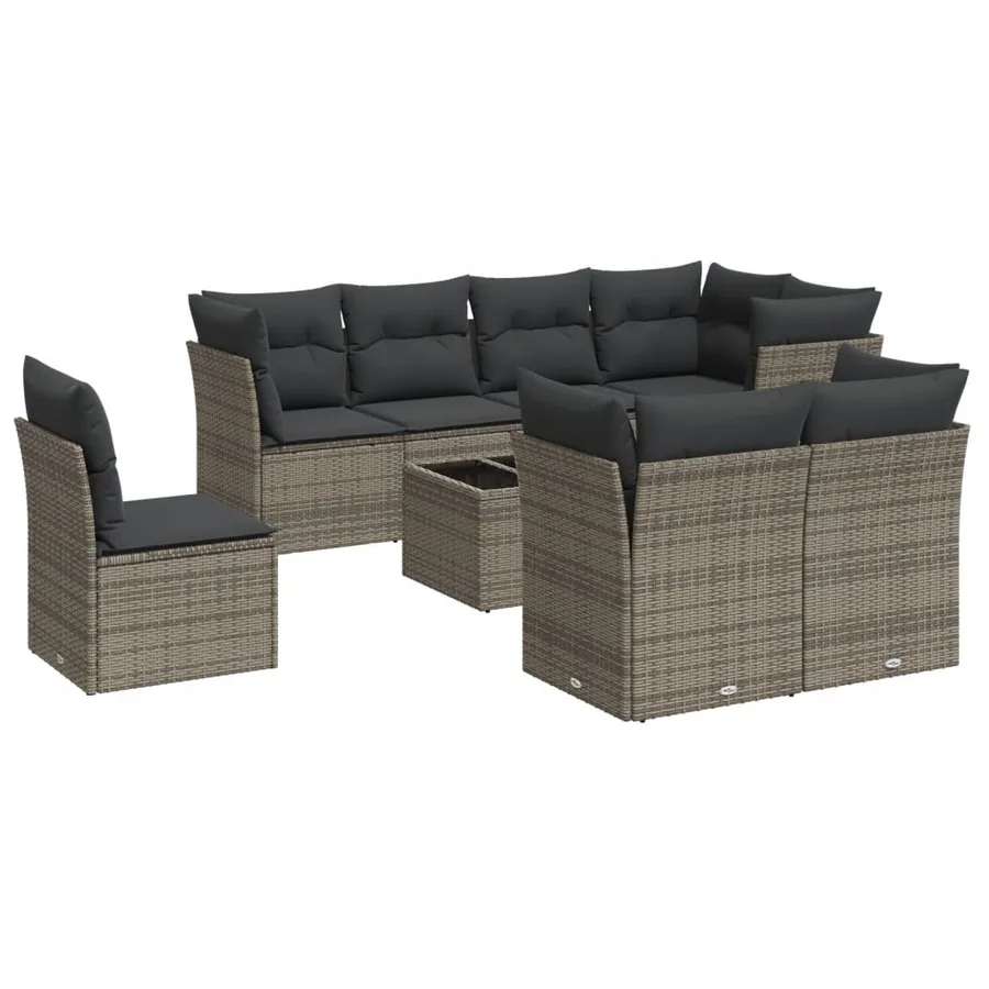 Salon de jardin 9 pcs avec coussins gris résine tressée - 2
