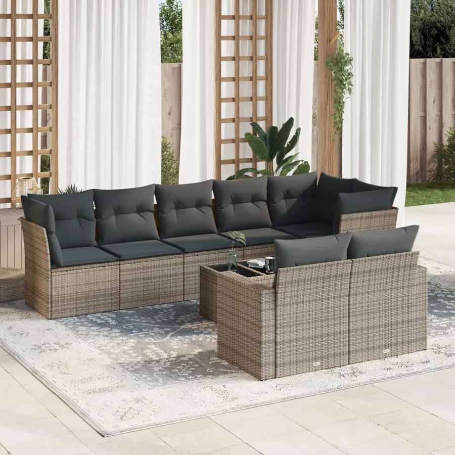 Salon de jardin 9 pcs avec coussins gris résine tressée