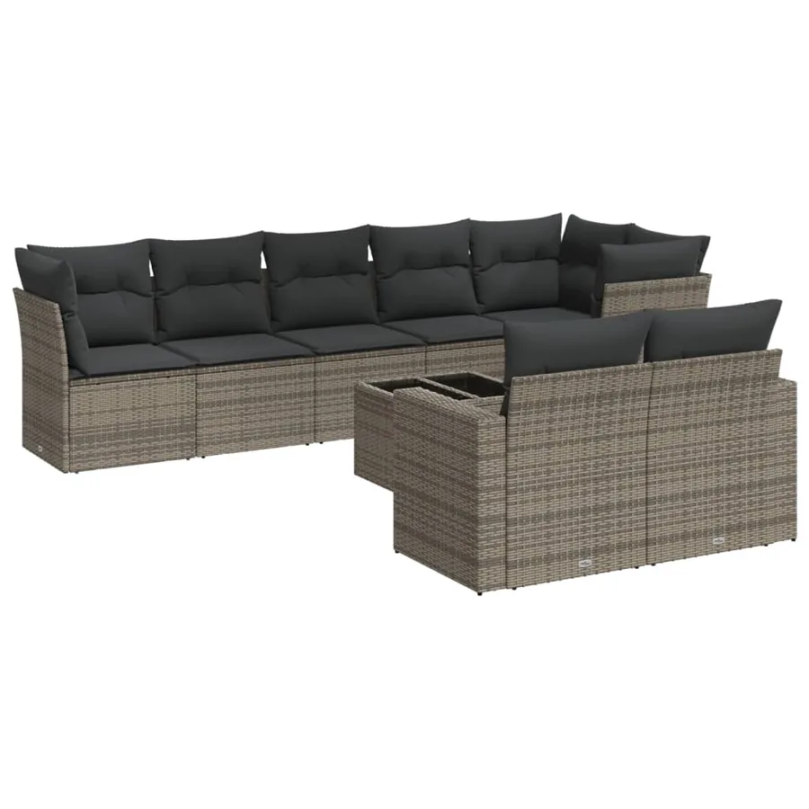 Salon de jardin 9 pcs avec coussins gris résine tressée - 2