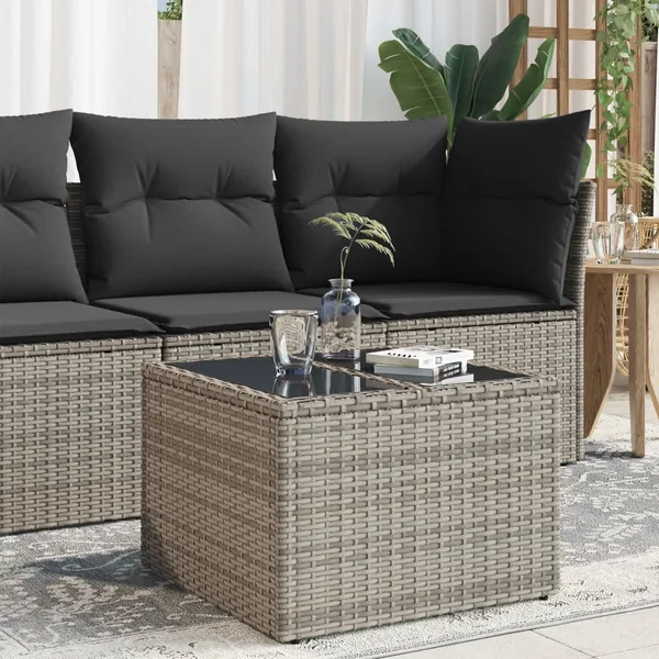 Table de jardin dessus en verre gris 55x55x37 cm résine tressée
