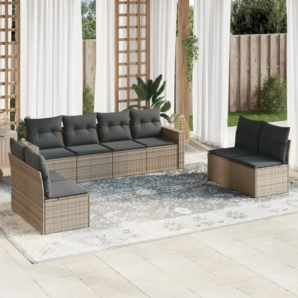 Salon de jardin 9 pcs avec coussins gris résine tressée