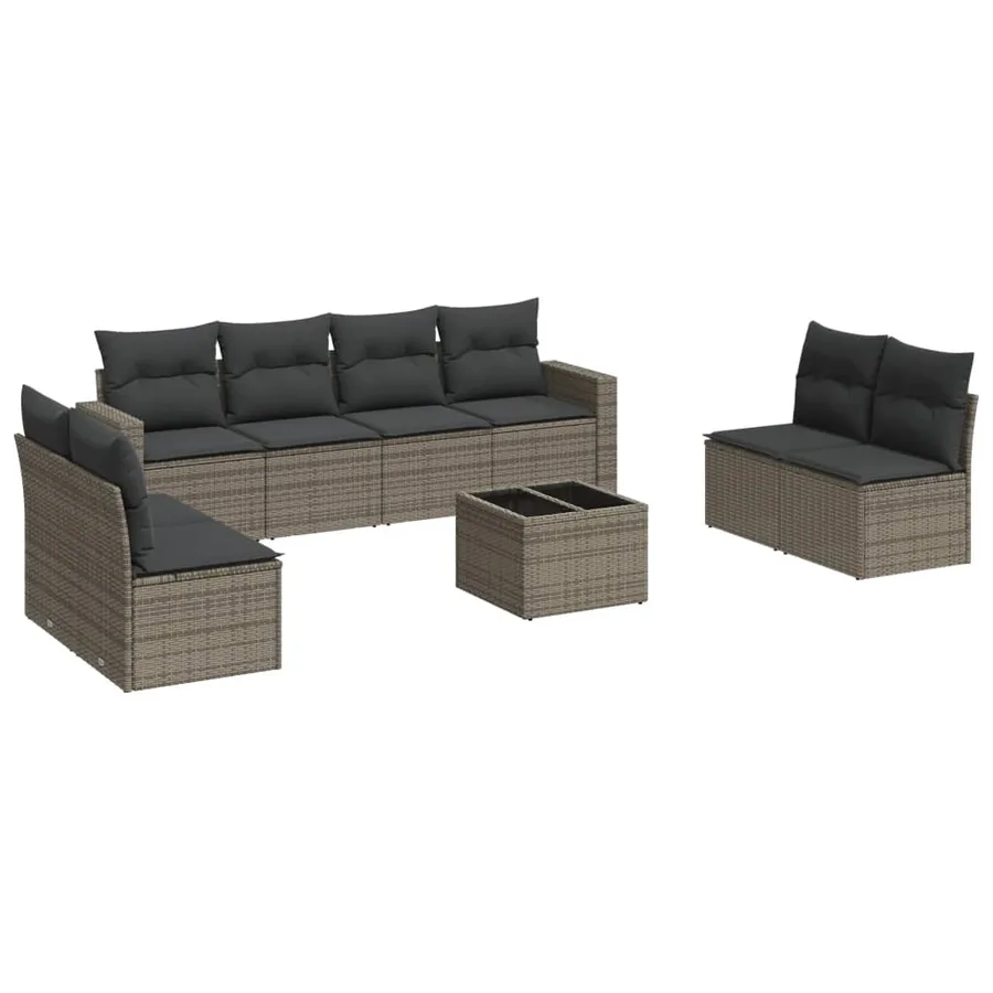 Salon de jardin 9 pcs avec coussins gris résine tressée - 2