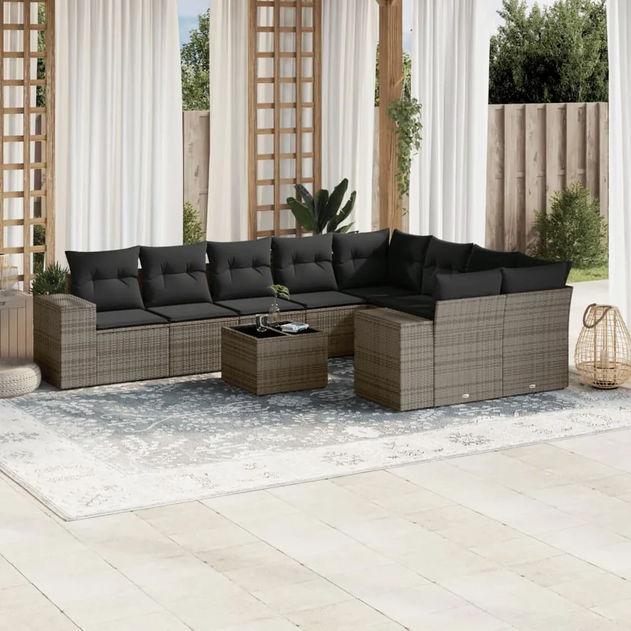 Salon de jardin avec coussins 10 pcs gris résine tressée