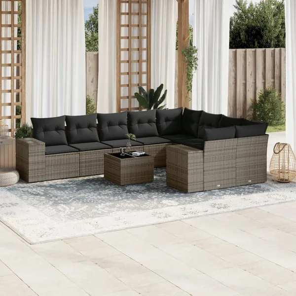 Salon de jardin avec coussins 10 pcs gris résine tressée