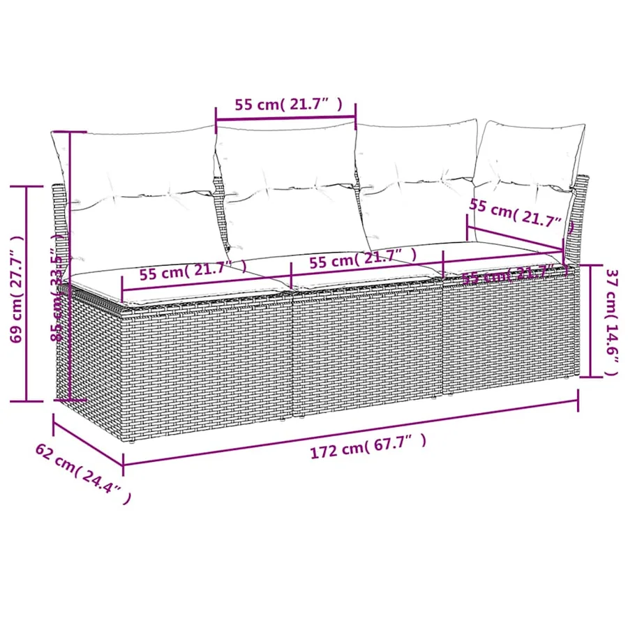 Canapé de jardin avec coussins 3 places beige résine tressée - 11