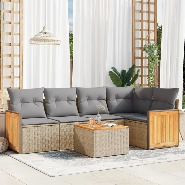 Salon de jardin avec coussins 6 pcs beige résine tressée