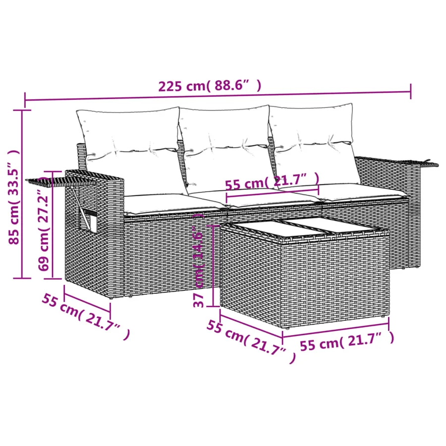 Salon de jardin 4 pcs avec coussins gris résine tressée - 3