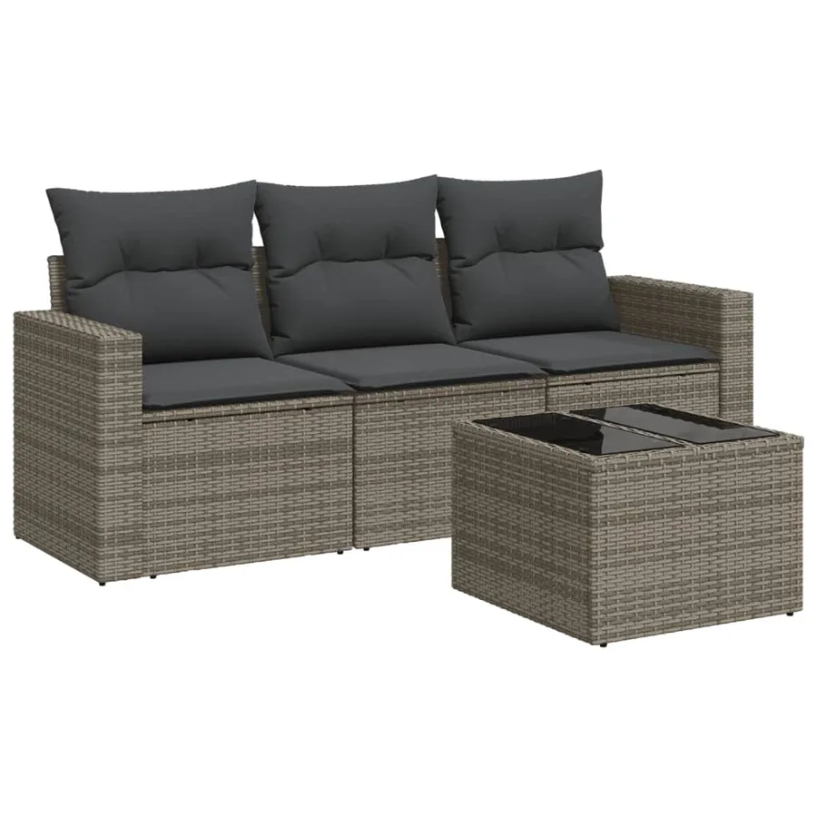Salon de jardin 4 pcs avec coussins gris résine tressée - 2