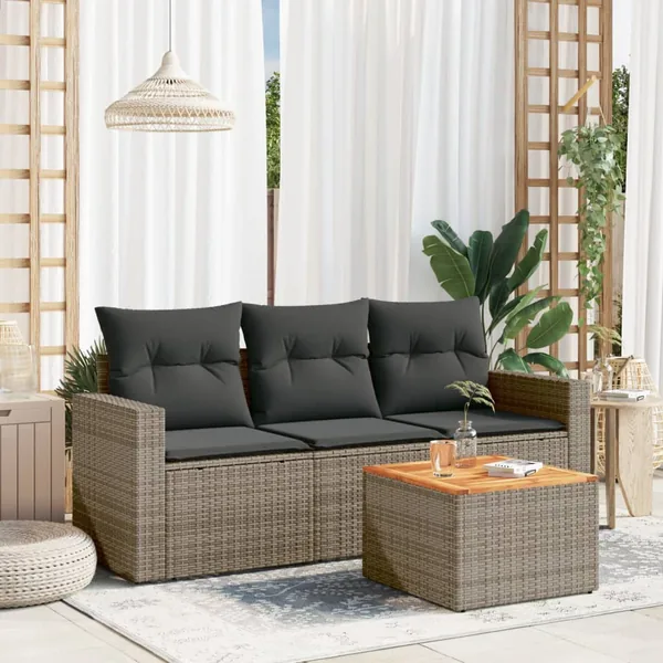 Salon de jardin 4 pcs avec coussins gris résine tressée
