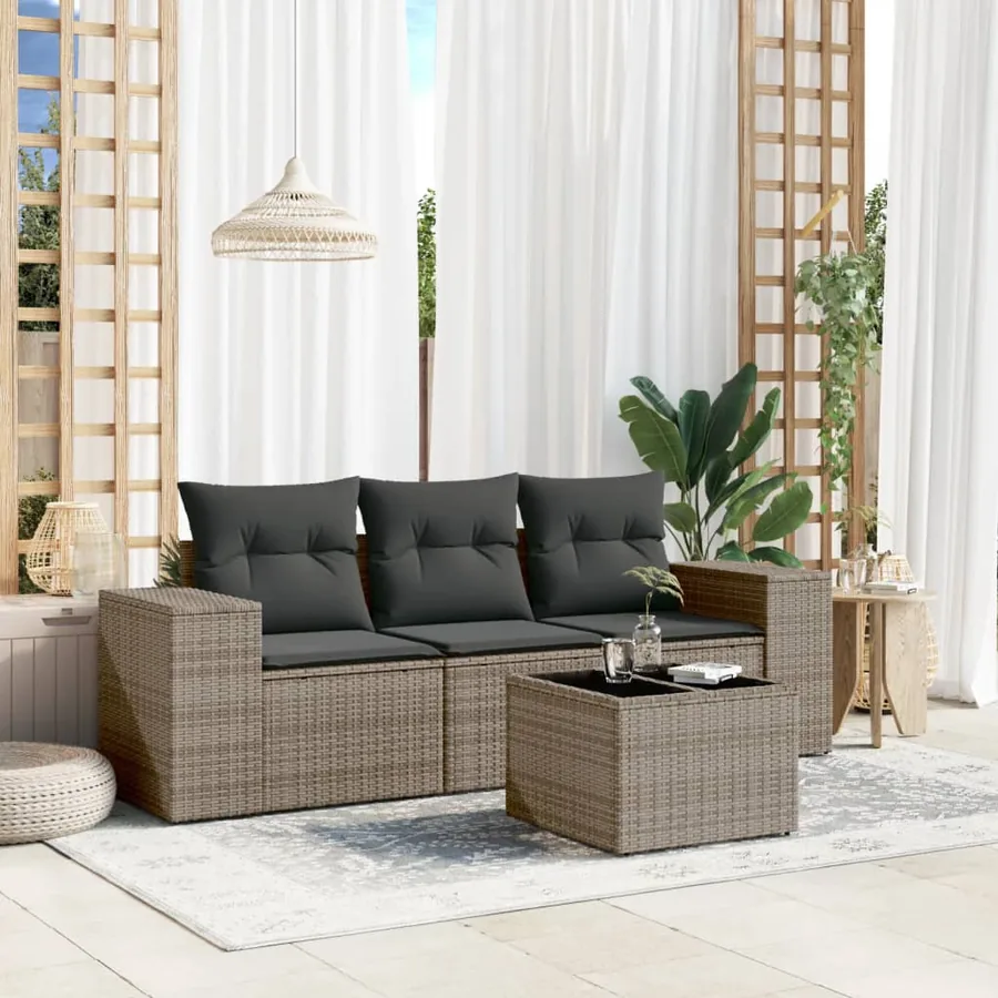 Salon de jardin 4 pcs avec coussins gris résine tressée