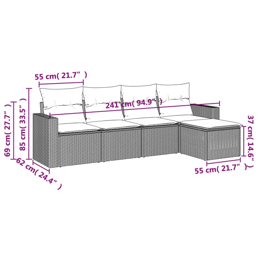 Salon de jardin 5 pcs avec coussins gris résine tressée - 3
