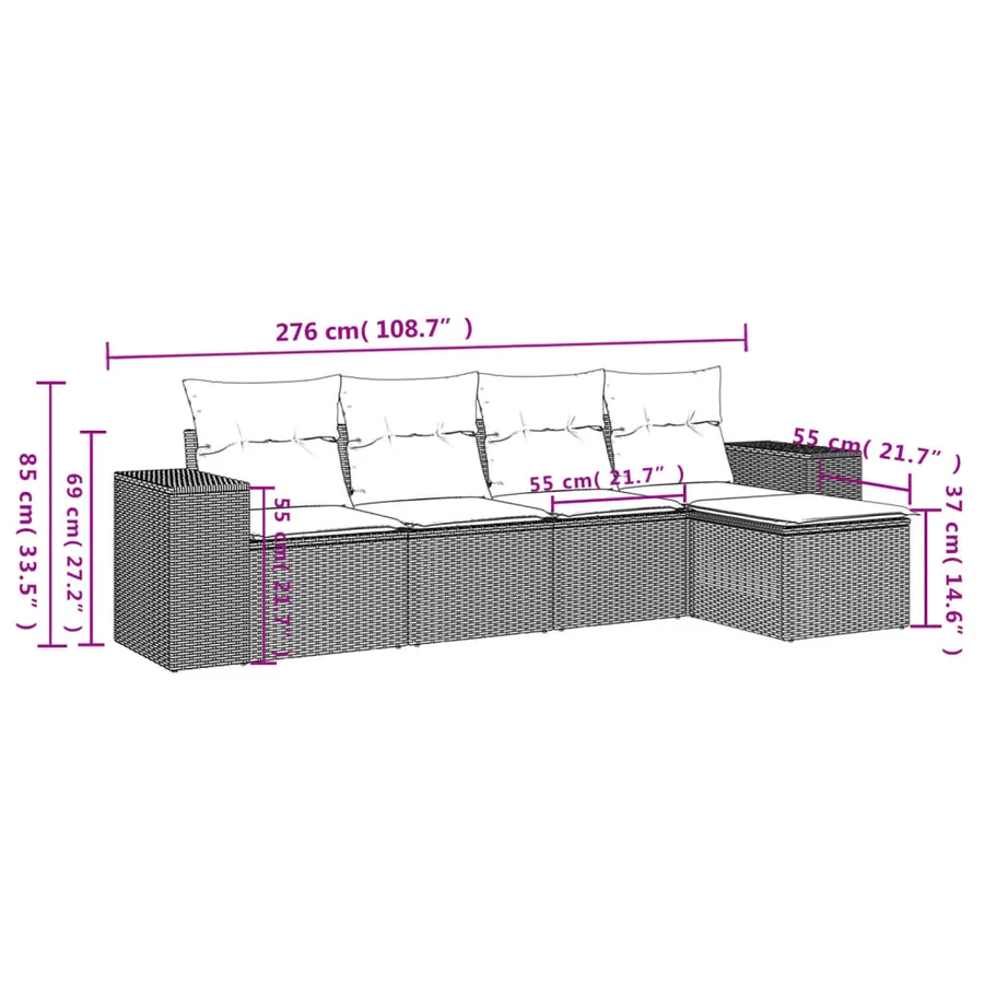 Salon de jardin 5 pcs avec coussins gris résine tressée - 3