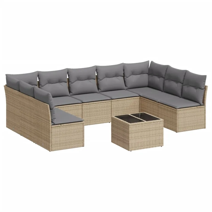 Salon de jardin avec coussins 10 pcs beige résine tressée - 2