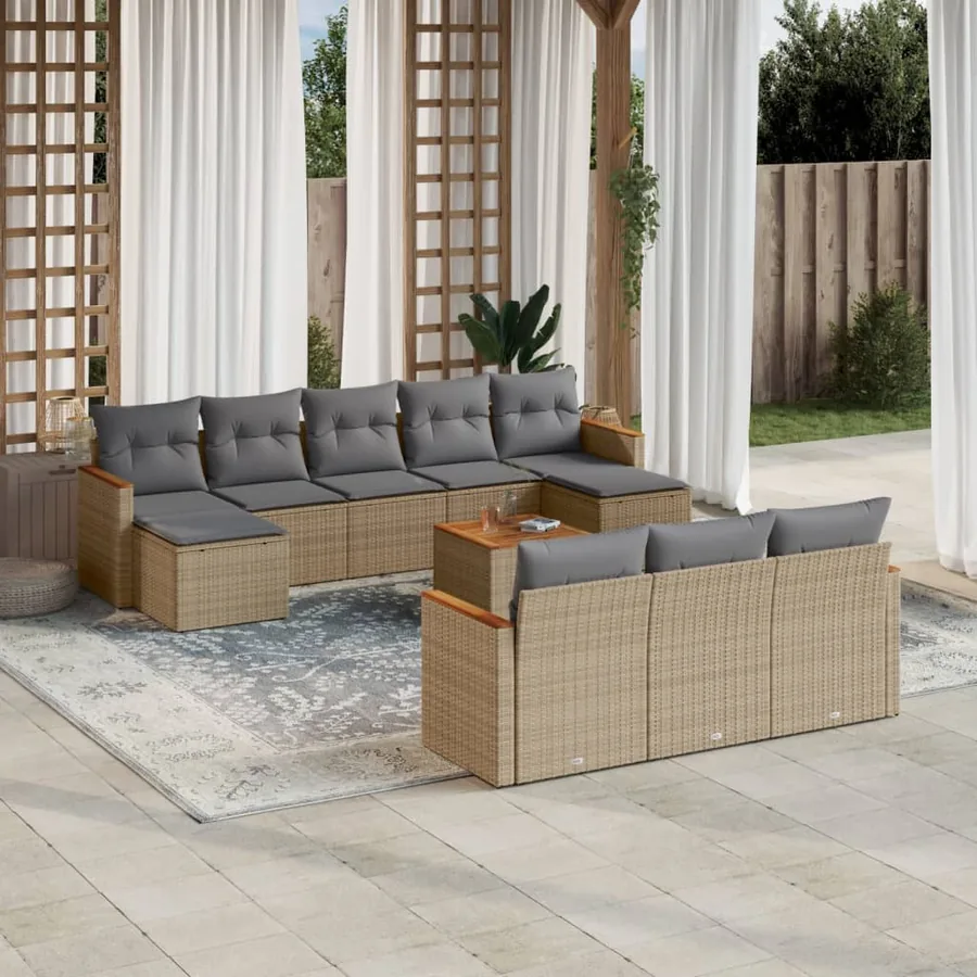 Salon de jardin 11 pcs avec coussins beige résine tressée