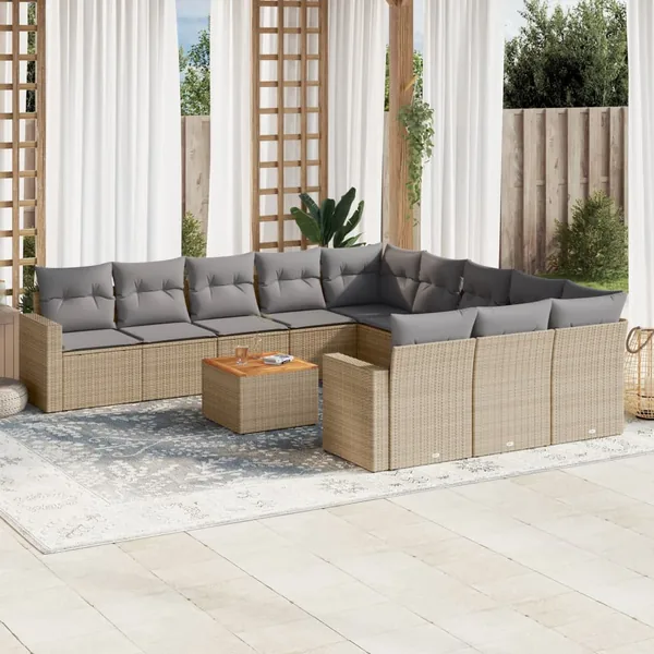 Salon de jardin et coussins 12 pcs mélange beige résine tressée