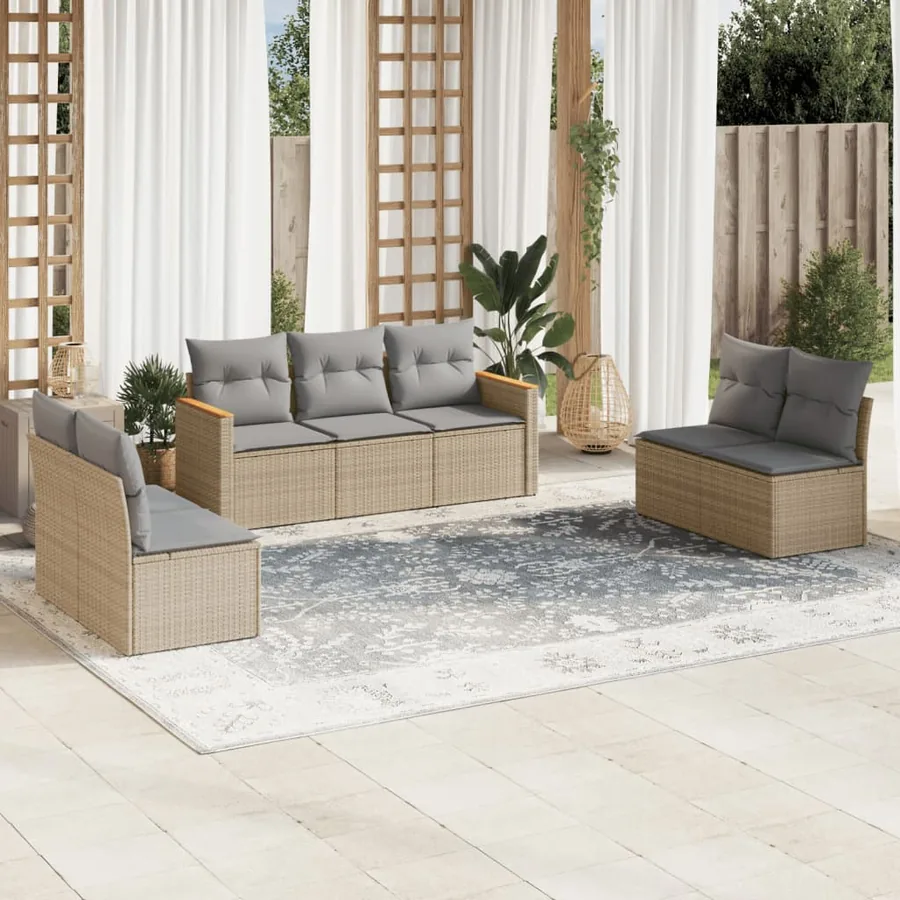 Salon de jardin avec coussins 7 pcs beige résine tressée