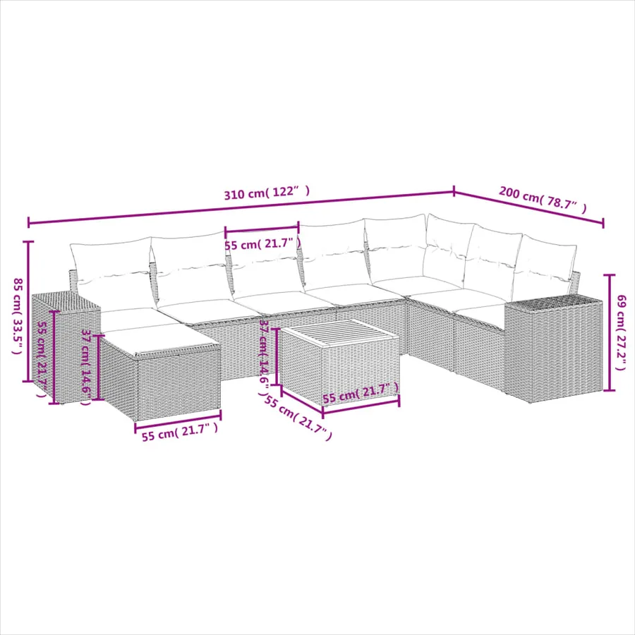 Salon de jardin avec coussins 9 pcs beige résine tressée - 3