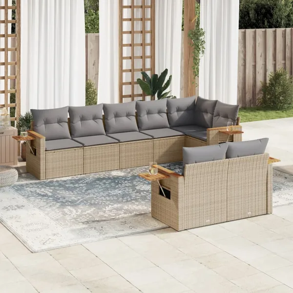 Salon de jardin avec coussins 8 pcs beige résine tressée