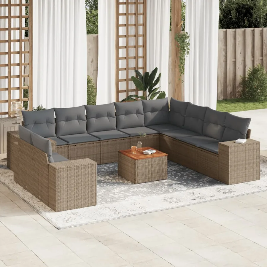Salon de jardin 11 pcs avec coussins beige résine tressée