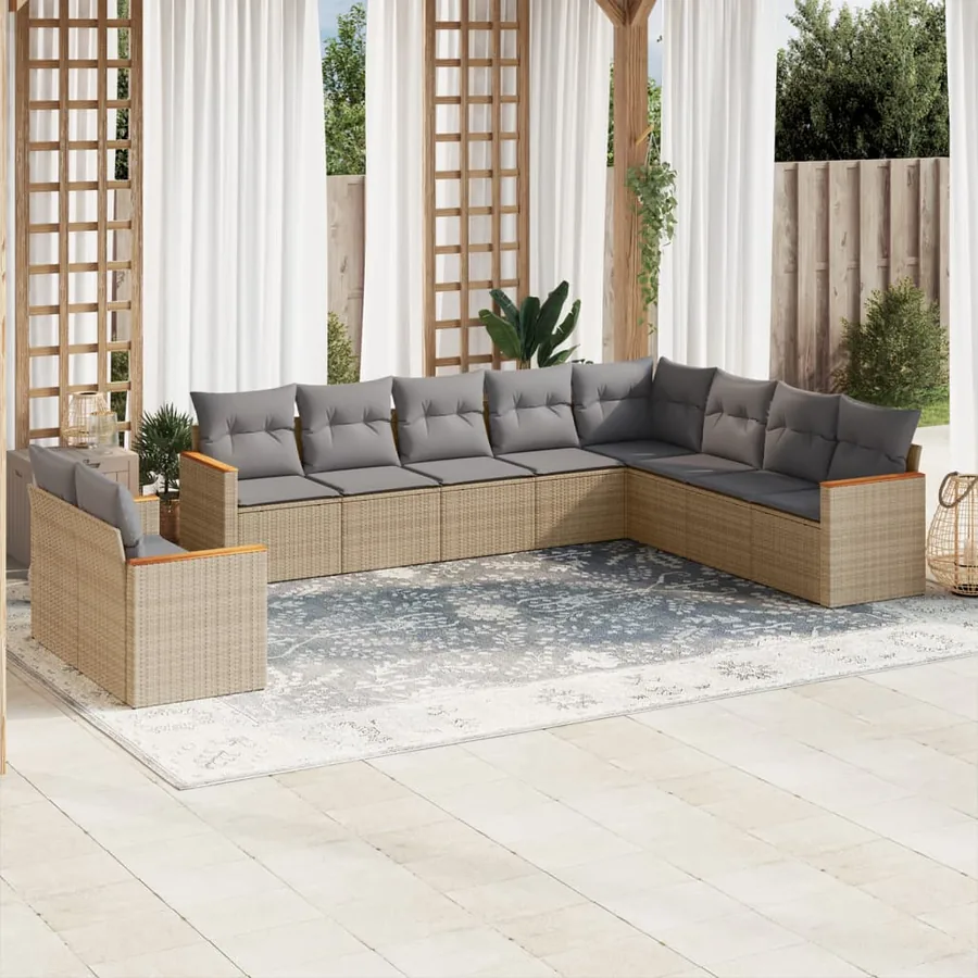 Salon de jardin avec coussins 10 pcs beige résine tressée