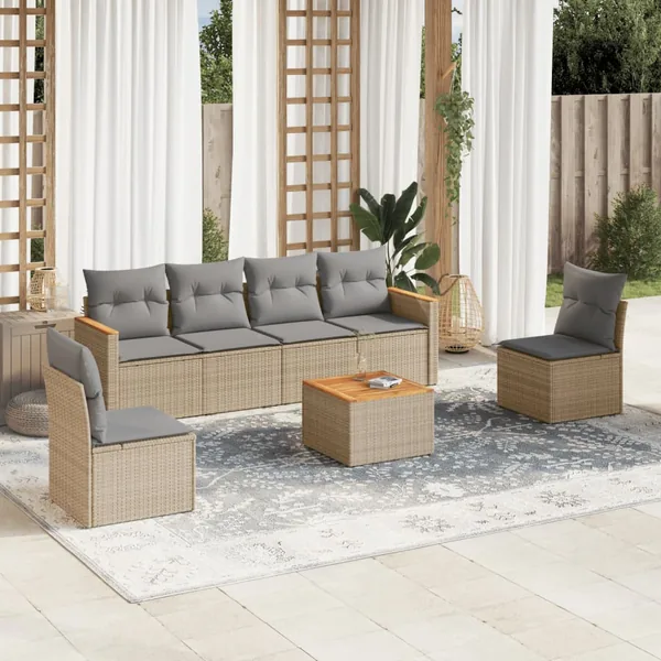 Salon de jardin avec coussins 7 pcs beige résine tressée