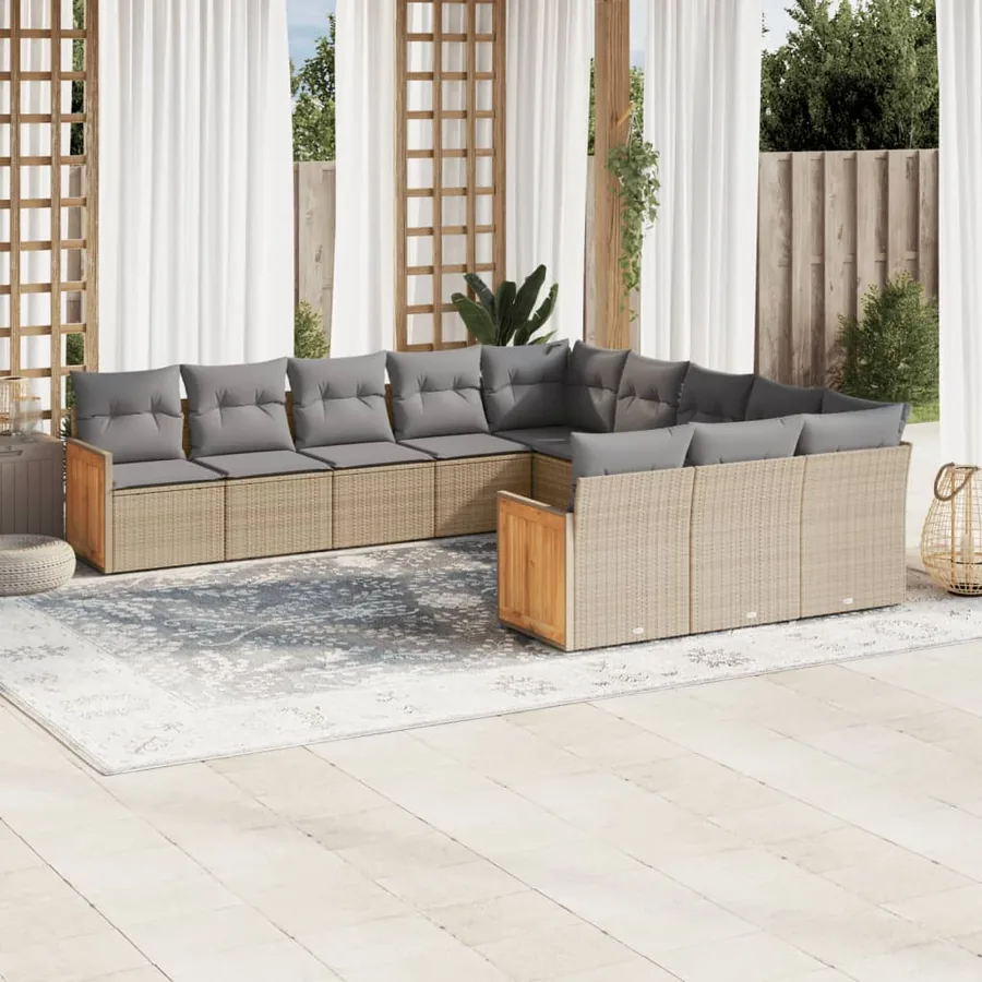 Salon de jardin 11 pcs avec coussins beige résine tressée