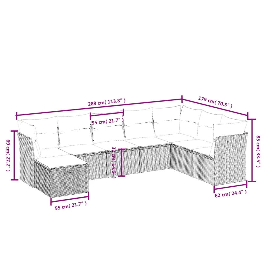 Salon de jardin 8 pcs avec coussins gris résine tressée - 4