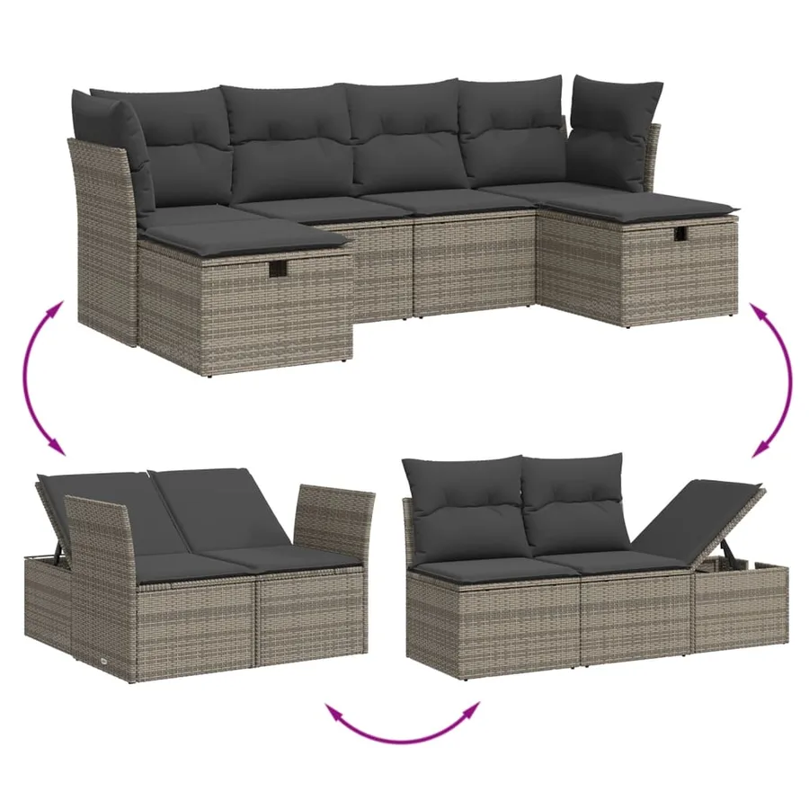 Salon de jardin 6 pcs avec coussins gris résine tressée - 3