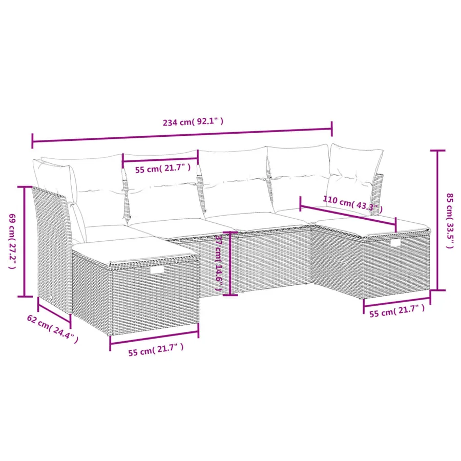 Salon de jardin 6 pcs avec coussins gris résine tressée - 4