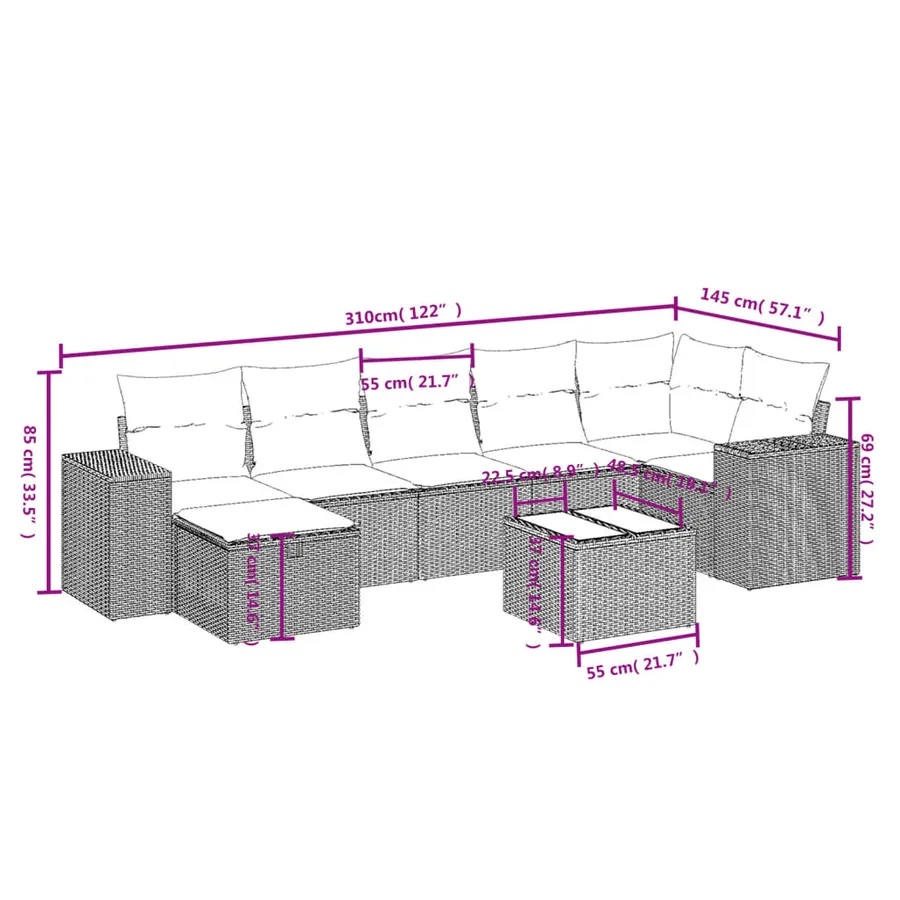 Salon de jardin 8 pcs avec coussins gris résine tressée - 4