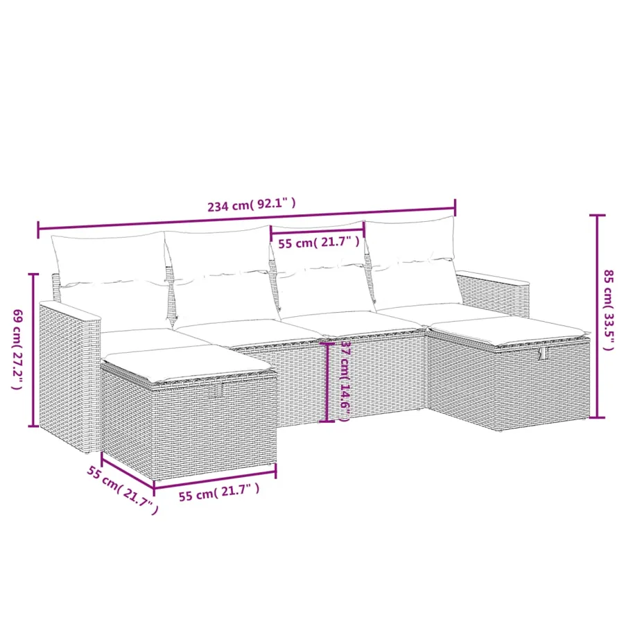Salon de jardin 6 pcs avec coussins gris résine tressée - 4
