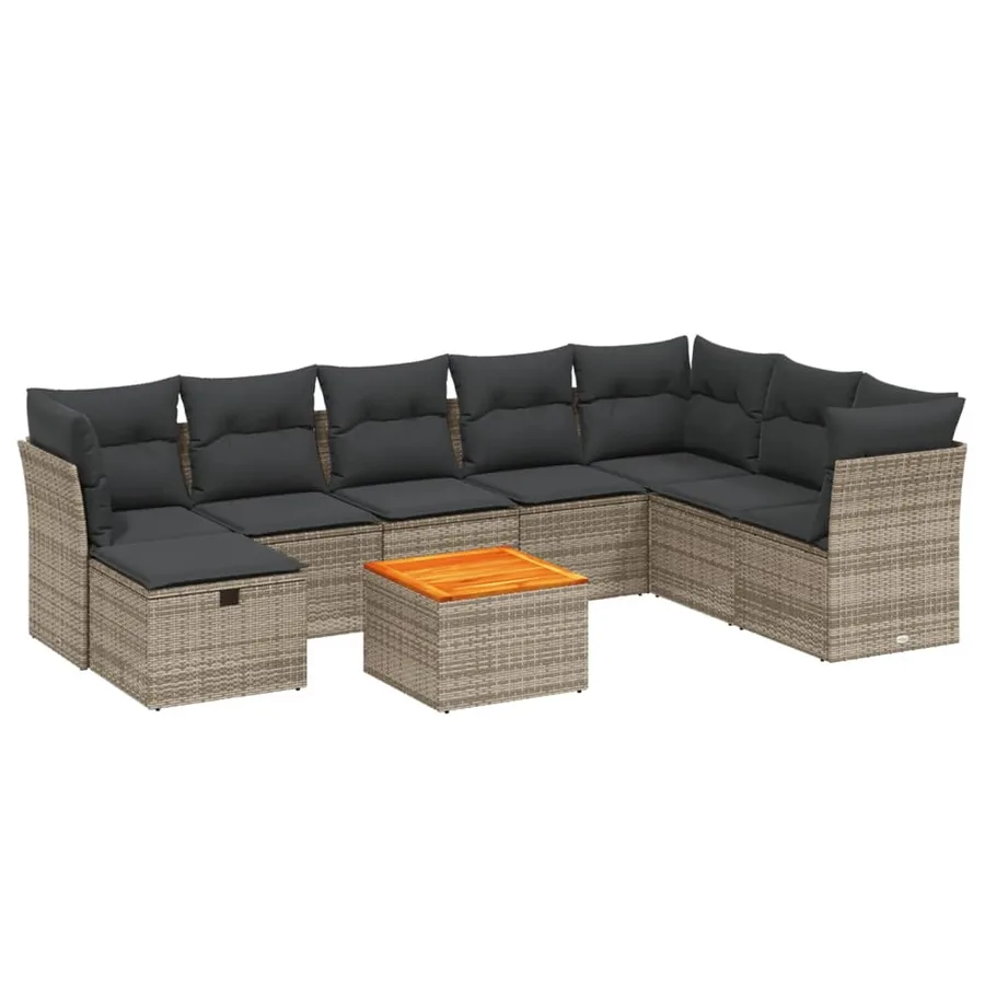 Salon de jardin 9 pcs avec coussins gris résine tressée - 2