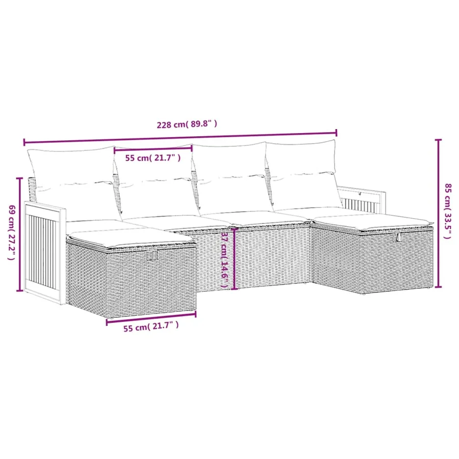 Salon de jardin 6 pcs avec coussins gris résine tressée - 4