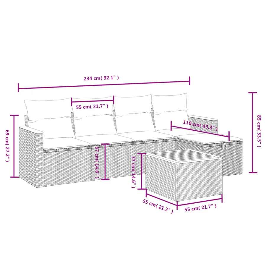 Salon de jardin 6 pcs avec coussins gris résine tressée - 4