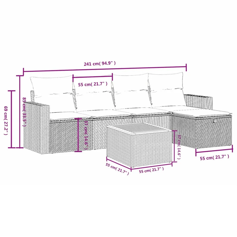 Salon de jardin 6 pcs avec coussins gris résine tressée - 4