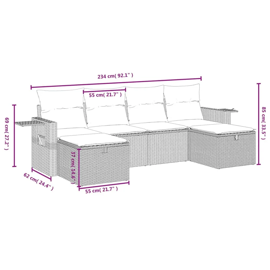 Salon de jardin 6 pcs avec coussins gris résine tressée - 4