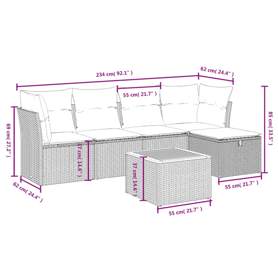 Salon de jardin 6 pcs avec coussins gris résine tressée - 4