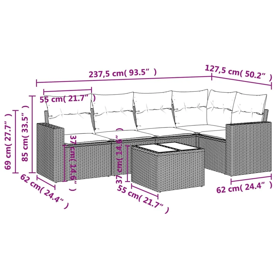 Salon de jardin 6 pcs avec coussins noir résine tressée - 3