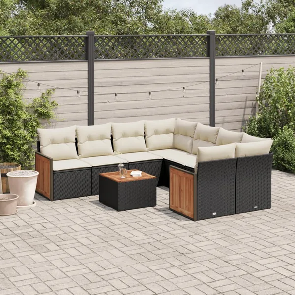 Salon de jardin 9 pcs avec coussins noir résine tressée