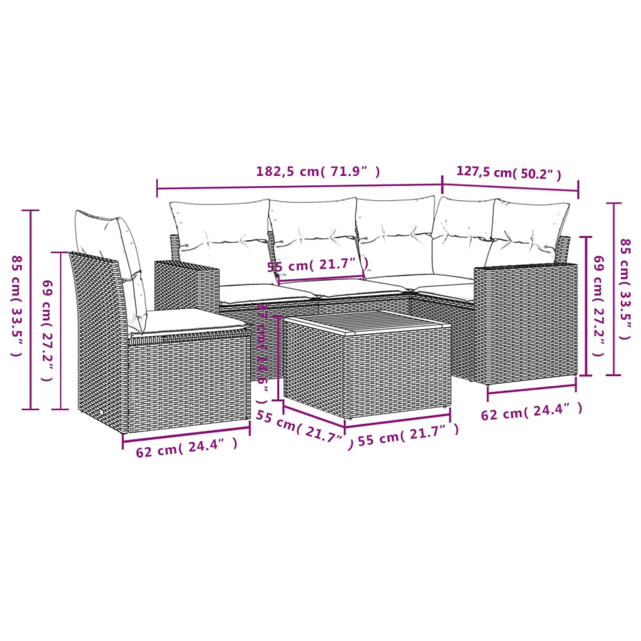 Salon de jardin 6 pcs avec coussins noir résine tressée - 12