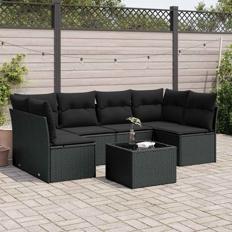 Salon de jardin 7 pcs avec coussins noir résine tressée 62 x 62 x 69 cm - 57,8 kg