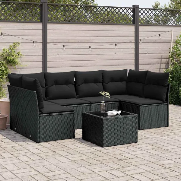Salon de jardin 7 pcs avec coussins noir résine tressée 62 x 62 x 69 cm - 57,8 kg