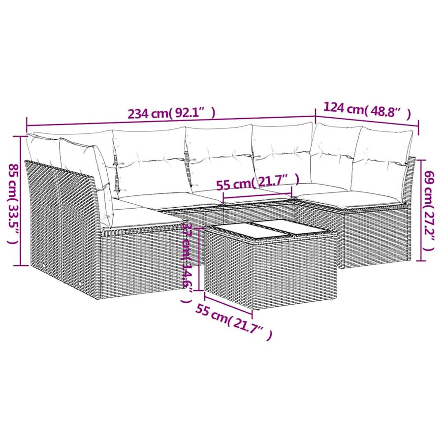 Salon de jardin 7 pcs avec coussins noir résine tressée 62 x 62 x 69 cm - 57,8 kg - 3
